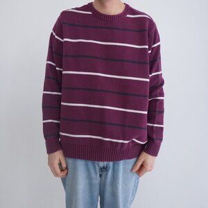 Vintage St John'S Bay Maroon White Stripe 100% Cotton Knit Crewneck Sweater L